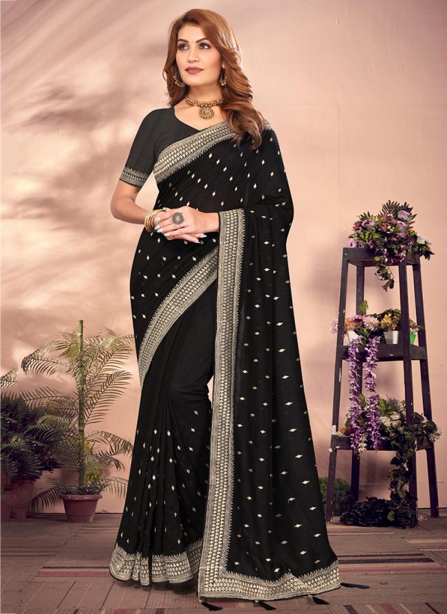 Vichitra Blooming Black Wedding Wear Embroidery Work Saree